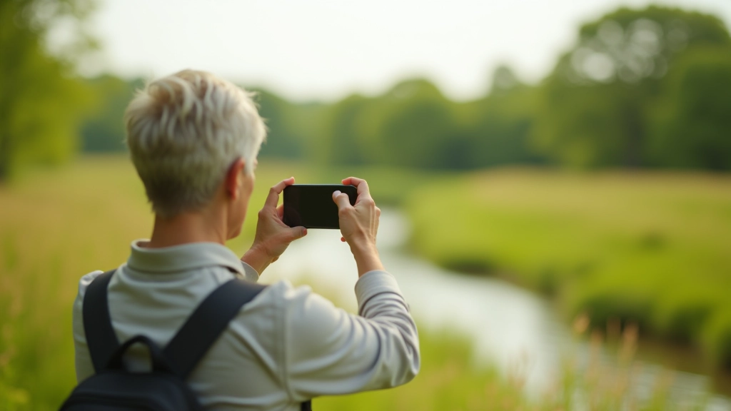 Žmogus telefonu fotografuoja paukštį pievoje prie upės, gamtinė šviesa